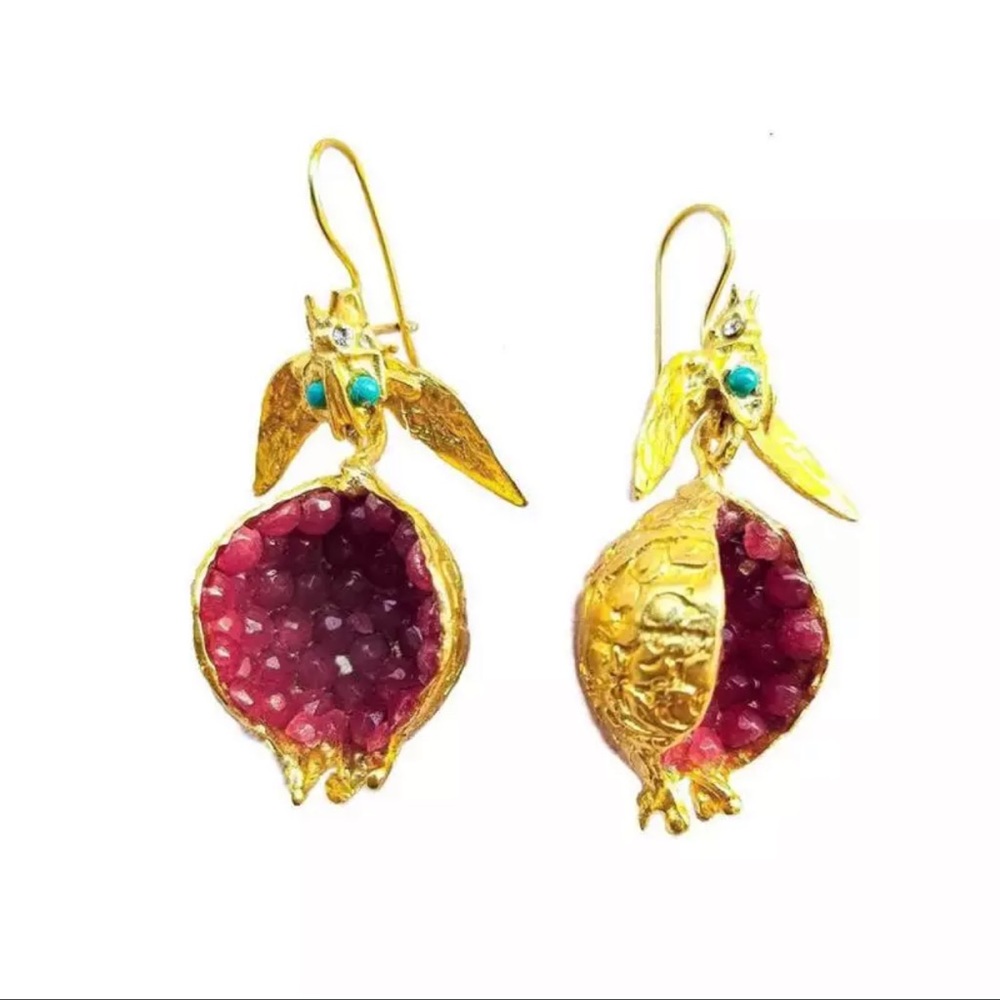 Vintage Fruit Red Pomegranate Crystal Drop Earrings